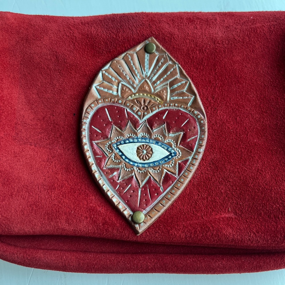 Handmade Red Suede Clutch/ wristlet/ belt bag with Leather Evil Eye Design
